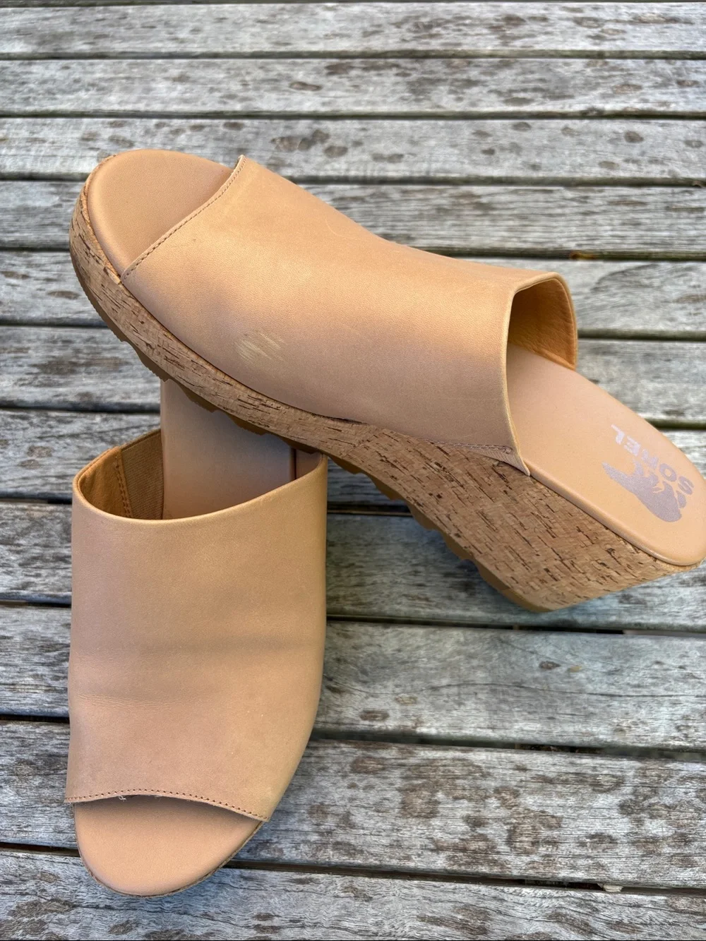 Sorel Leather Cork Platform Wedge Slide Sandals | Tan | Size 12